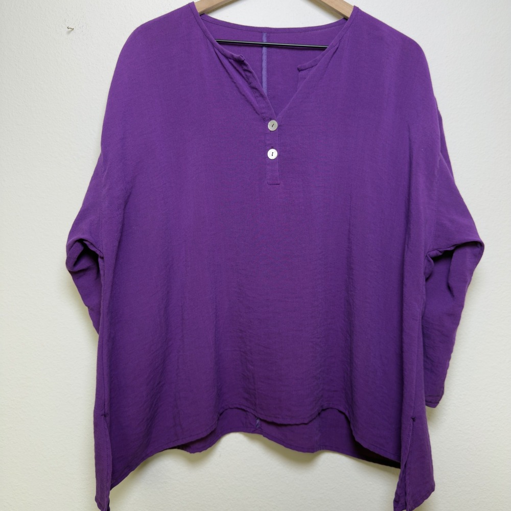 Fridaze Women 100% Linen Top Purple Henley Long Sleeve Button Lagenlook‎ Artsy